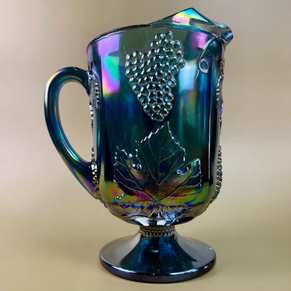 Vintage Indiana Glass Blue Carnival Grape Vine Pitcher | Iridescent Pedestal - Picture 10 of 16